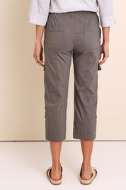 Model Amandam wearing size 10 of the :The Lightweight Cotton Blend Cargo Pant  - Mushroom in colour Mushroom, from the back