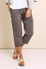 Model Amandam wearing size 10 of the :The Lightweight Cotton Blend Cargo Pant  - Mushroom in colour Mushroom, in a cropped view