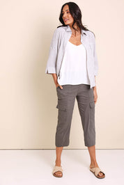 Model Amandam wearing size 10 of the :The Lightweight Cotton Blend Cargo Pant  - Mushroom in colour Mushroom, from the front