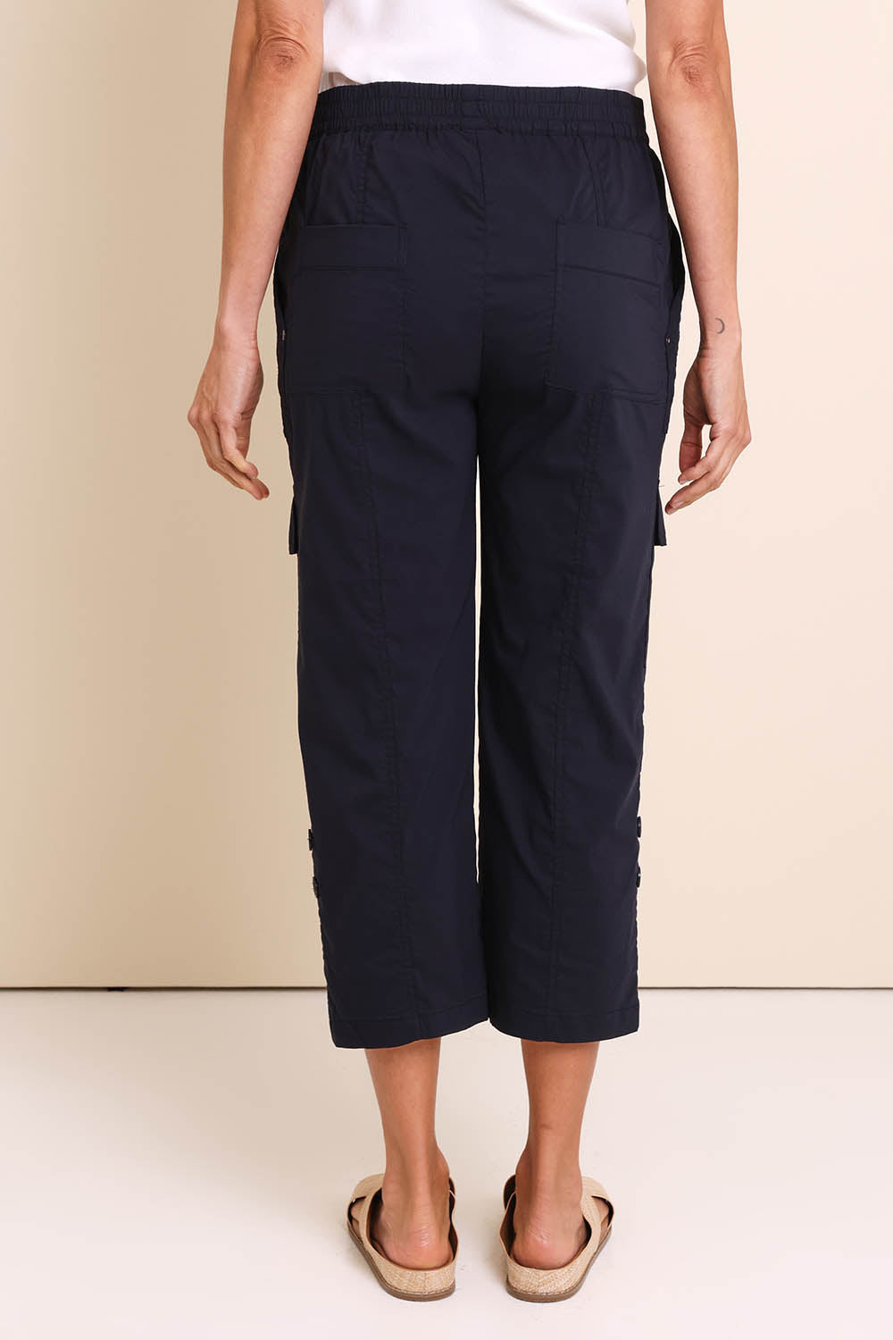 Model Amandam wearing size 10 of the The Cotton Blend Cargo Pant - Navy in colour Navy, from the front