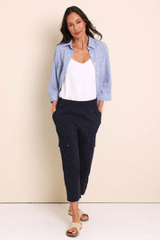 Model Amandam wearing size 10 of the The Cotton Blend Cargo Pant - Navy in colour Navy, from the front