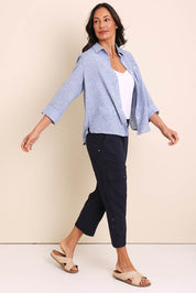 Model Amandam wearing size 10 of the The Cotton Blend Cargo Pant - Navy in colour Navy, from the front
