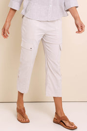 Model Amandam wearing size 10 of the The Lightweight Cotton Blend Cargo Pant – Pummice in colour Pummice, in a cropped view