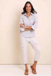 Model Amandam wearing size 10 of the The Lightweight Cotton Blend Cargo Pant – Pummice in colour Pummice, from the front