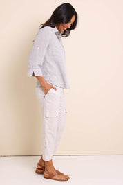 Model Amandam wearing size 10 of the The Lightweight Cotton Blend Cargo Pant – Pummice in colour Pummice, from the front