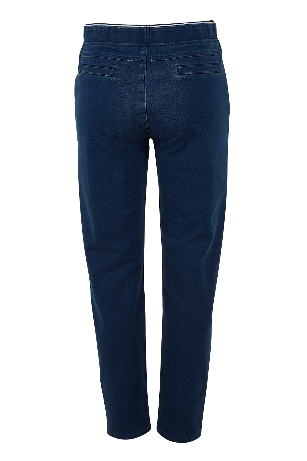 Product shot of The Leisure Pull On Pant in colour Navy (Blue), from the back