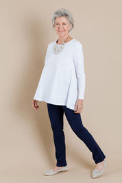 Model Elise wearing size 10 of The Straight Leg Ponte Pant in colour Navy (Blue), from the front, showing the whole outfit