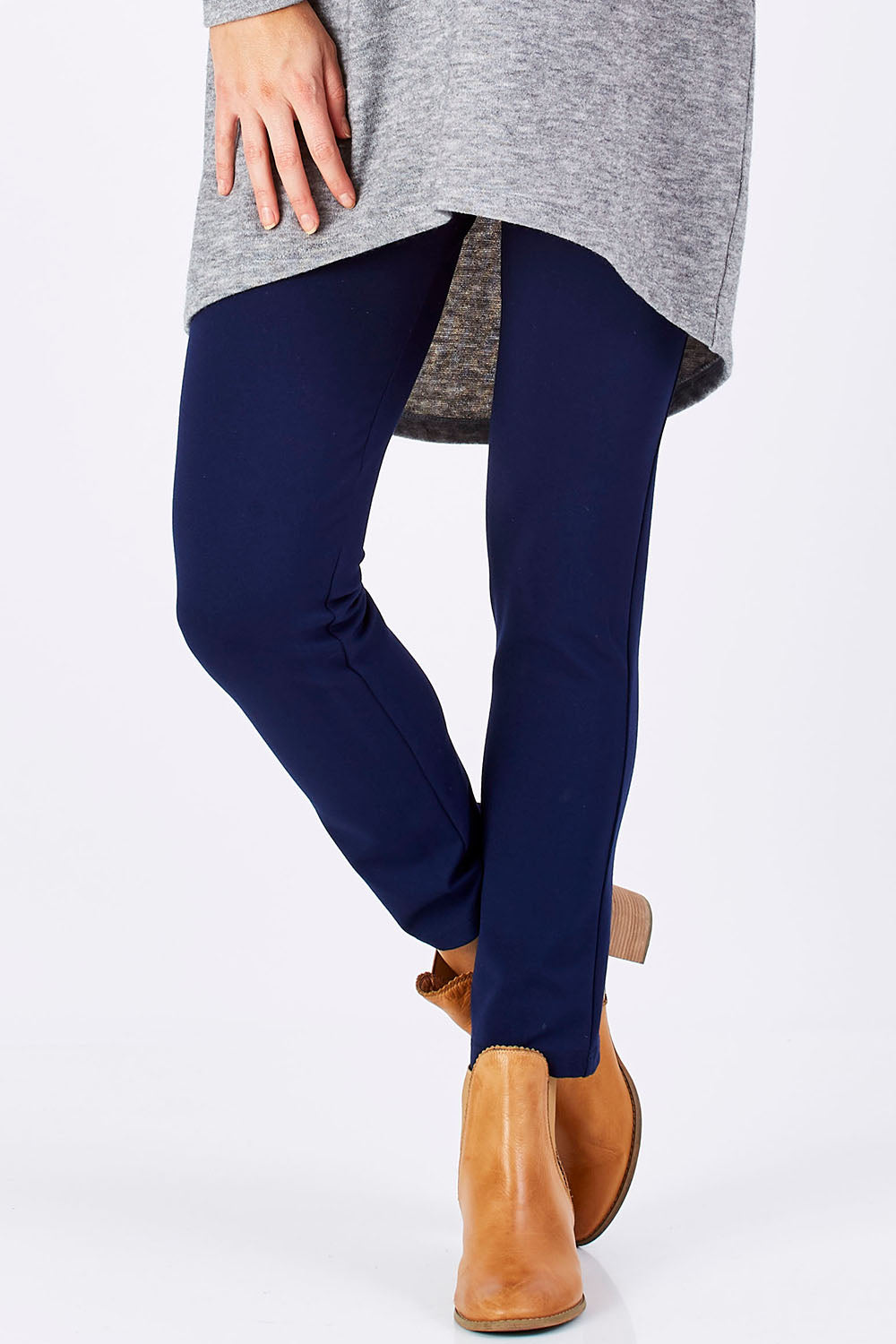 Model Marnee wearing size 10 of The Straight Leg Ponte Pant in colour Navy (Blue), from the front, cropped image