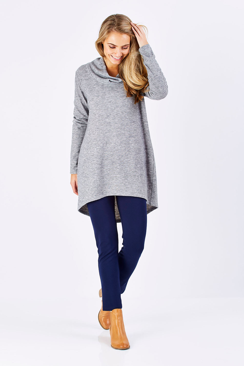 Model Marnee wearing size 10 of The Straight Leg Ponte Pant in colour Navy (Blue), from the front, showing the whole outfit