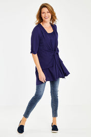 Model Naomi wearing size 10 of The Tie Detail 2 For Top in colour Navy (Blue), from the front, showing the whole outfit