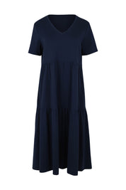 Product shot of The Tiered Jersey Dress in colour Navy (Blue), from the front