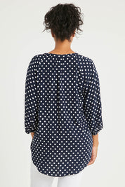 Model Noli wearing size 14 of The Perfect Relaxed Fit Shirt in colour Navyspot (Blue), from the back