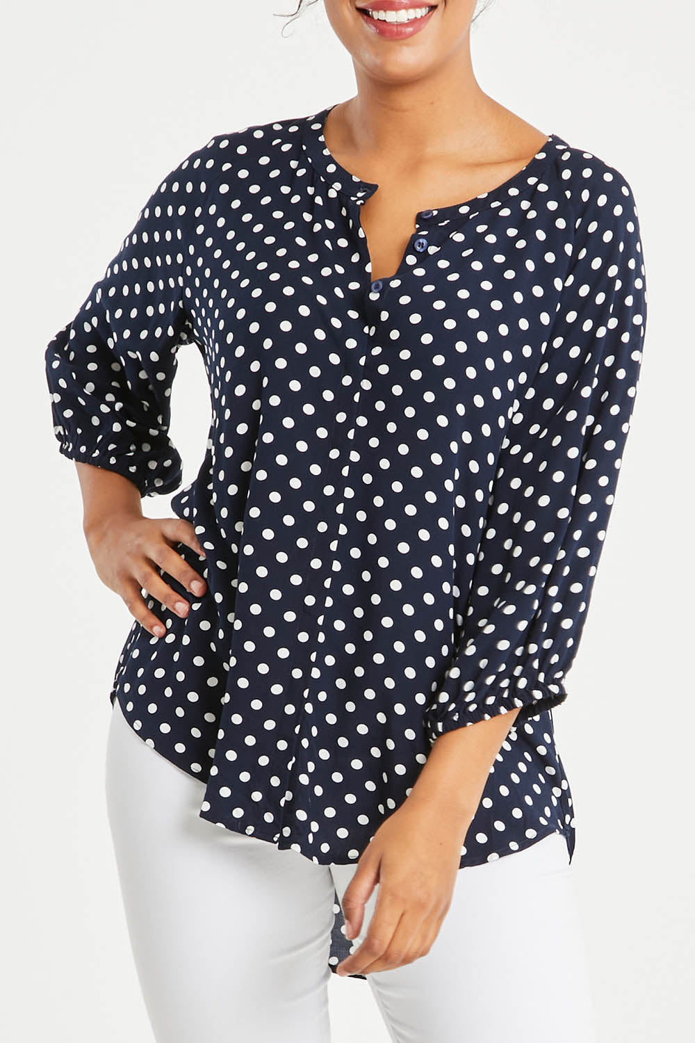 Model Noli wearing size 14 of The Perfect Relaxed Fit Shirt in colour Navyspot (Blue), from the front, cropped image