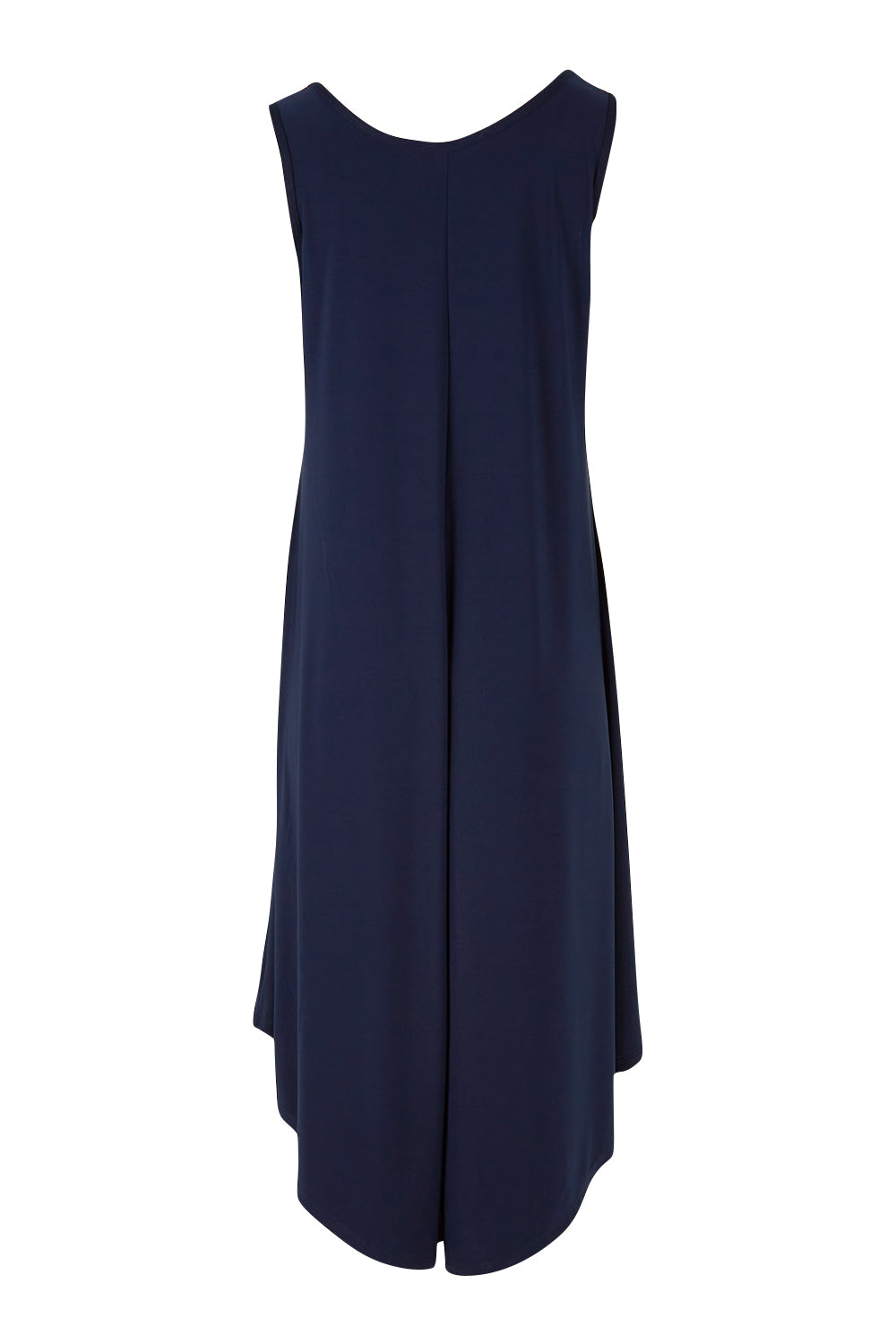 Product shot of The Recycled High Low Dress in colour Navy (Blue), from the back
