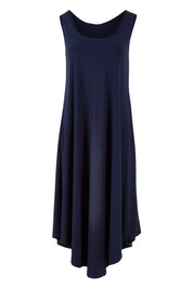 Product shot of The Recycled High Low Dress in colour Navy (Blue), from the front