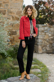 Model Emma wearing size 10 of The Keepers Highwaisted Straight Jean in colour Black (Black), from the front, showing the whole outfit
