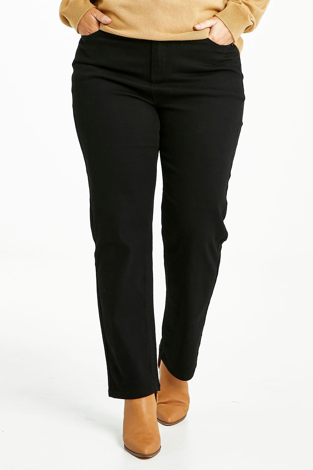 Model Laura wearing size 14 of The Keepers Highwaisted Straight Jean in colour Black (Black), from the front, cropped image