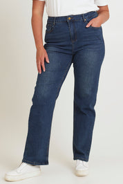 Model Chanel wearing size 16 of The Keepers Highwaisted Straight Jean in colour Darkdenim (Blue), from the front, cropped image