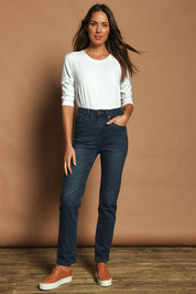 Model Madeline wearing size 10 of The Keepers Highwaisted Straight Jean in colour Darkdenim (Blue), from the front, showing the whole outfit
