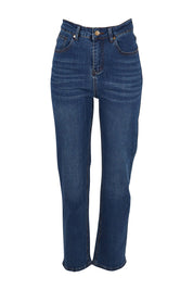 Product shot of The Keepers Highwaisted Straight Jean in colour Darkdenim (Blue), from the front