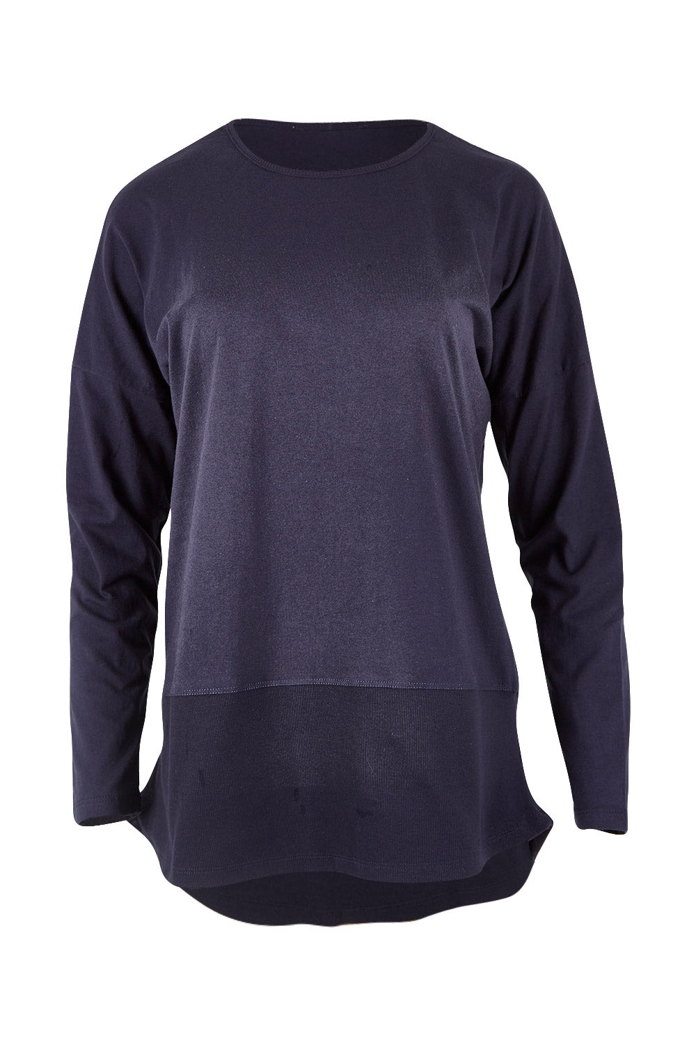 Product shot of The Rib Trim Long Sleeve Tee in colour Navy (Blue), from the front
