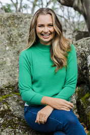 Model Tahlia wearing size S of The Essential Soft Rib Skivvy in colour Seafoam (Green), from the front, showing the whole outfit