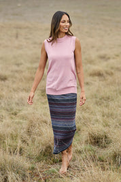 Model Amanda wearing size 10 of The Striped Light Knit Lined Skirt in colour Greypink (Grey), from the front, showing the whole outfit