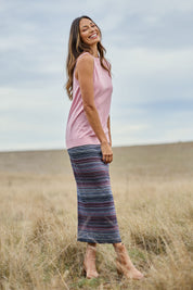 Model Amanda wearing size 10 of The Striped Light Knit Lined Skirt in colour Greypink (Grey), from the front, showing the whole outfit