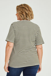 Model Fiona wearing size 16 of The Spliced Stripe Tee in colour Olive (Green), from the back