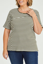 Model Fiona wearing size 16 of The Spliced Stripe Tee in colour Olive (Green), from the front, cropped image