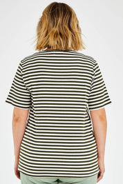 Model Jess wearing size 14 of The Spliced Stripe Tee in colour Olive (Green), from the back