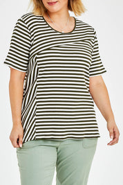 Model Jess wearing size 14 of The Spliced Stripe Tee in colour Olive (Green), from the front, cropped image