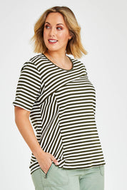 Model Jess wearing size 14 of The Spliced Stripe Tee in colour Olive (Green), from the front, cropped image
