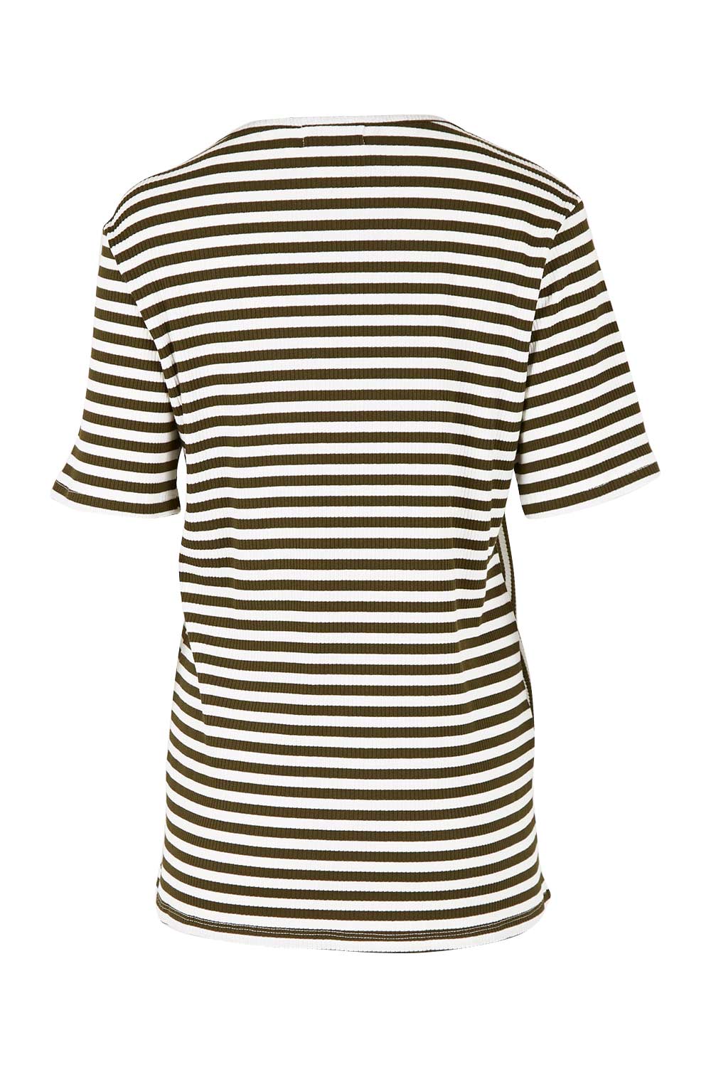 Product shot of The Spliced Stripe Tee in colour Olive (Green), from the back