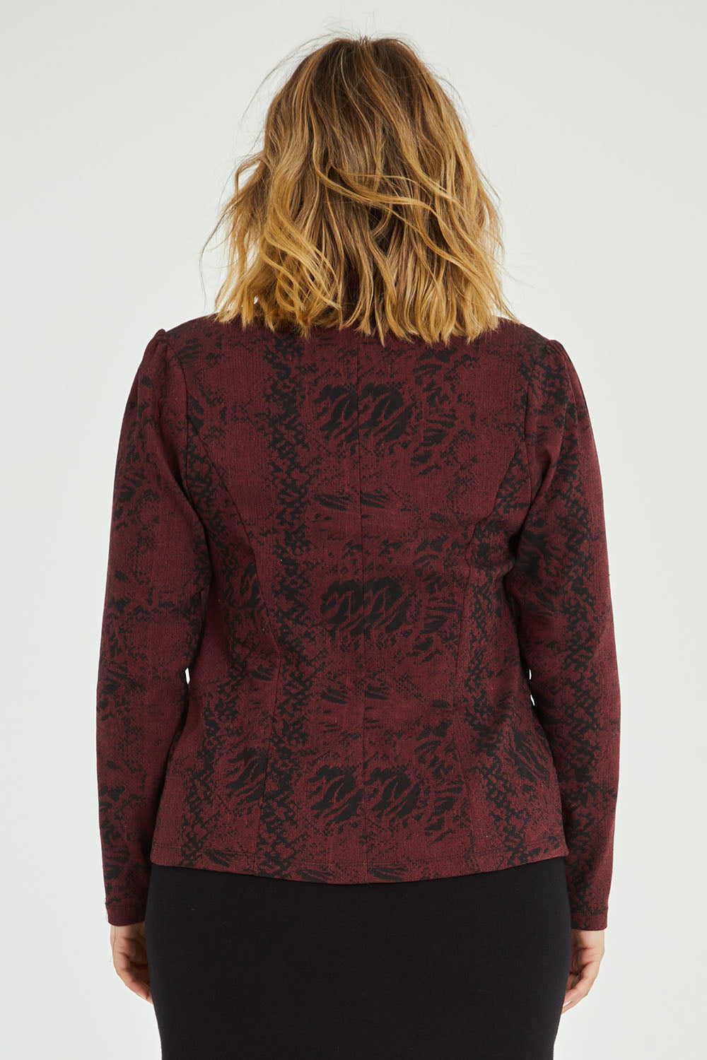 Model Jess wearing size 14 of The Jacquard Ponti Jacket in colour Burgundy (Red), from the back