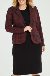 Model Jess wearing size 14 of The Jacquard Ponti Jacket in colour Burgundy (Red), from the front, cropped image
