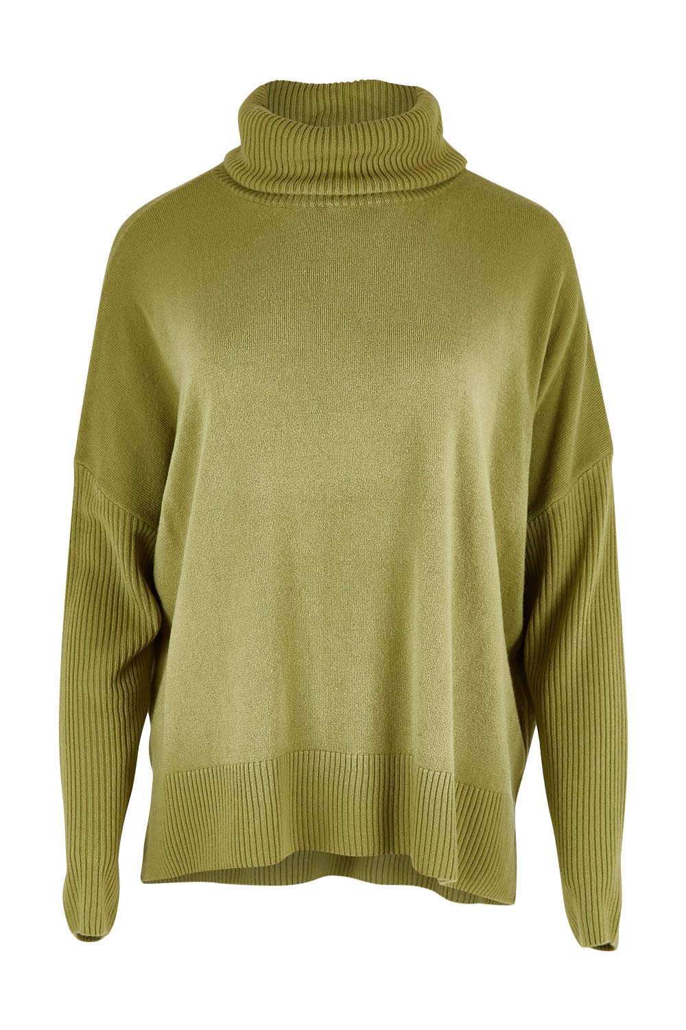 Product shot of The Essential Soft High Low Jumper in colour Avocado (Green), from the front