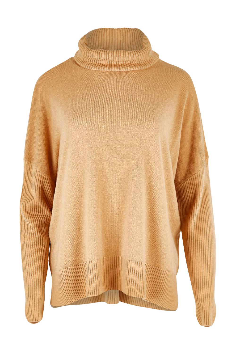 Product shot of The Essential Soft High Low Jumper in colour Camel, from the front