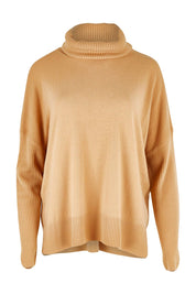 Product shot of The Essential Soft High Low Jumper in colour Camel, from the front