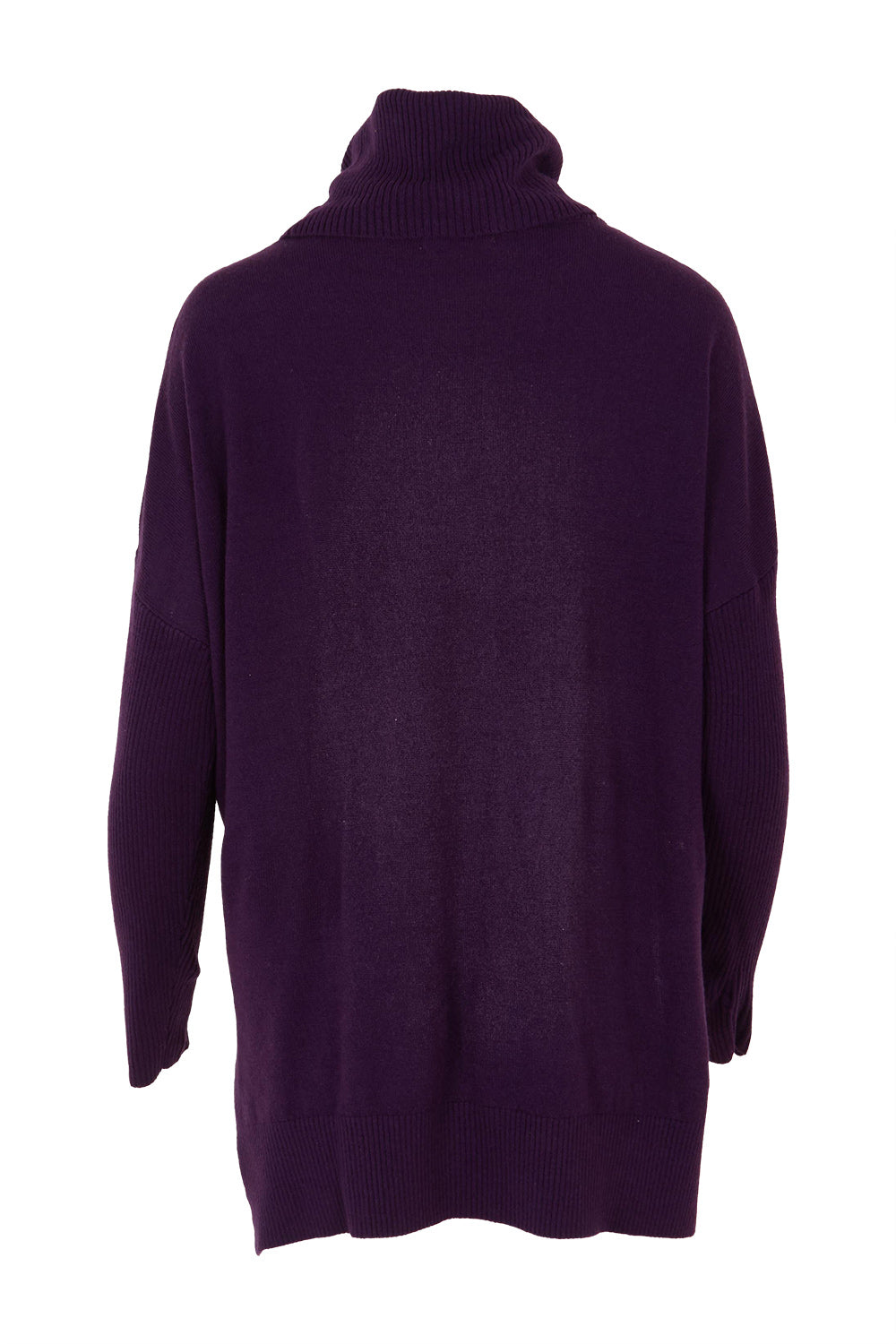 Product shot of The Essential Soft High Low Jumper in colour Grape (Purple), from the back