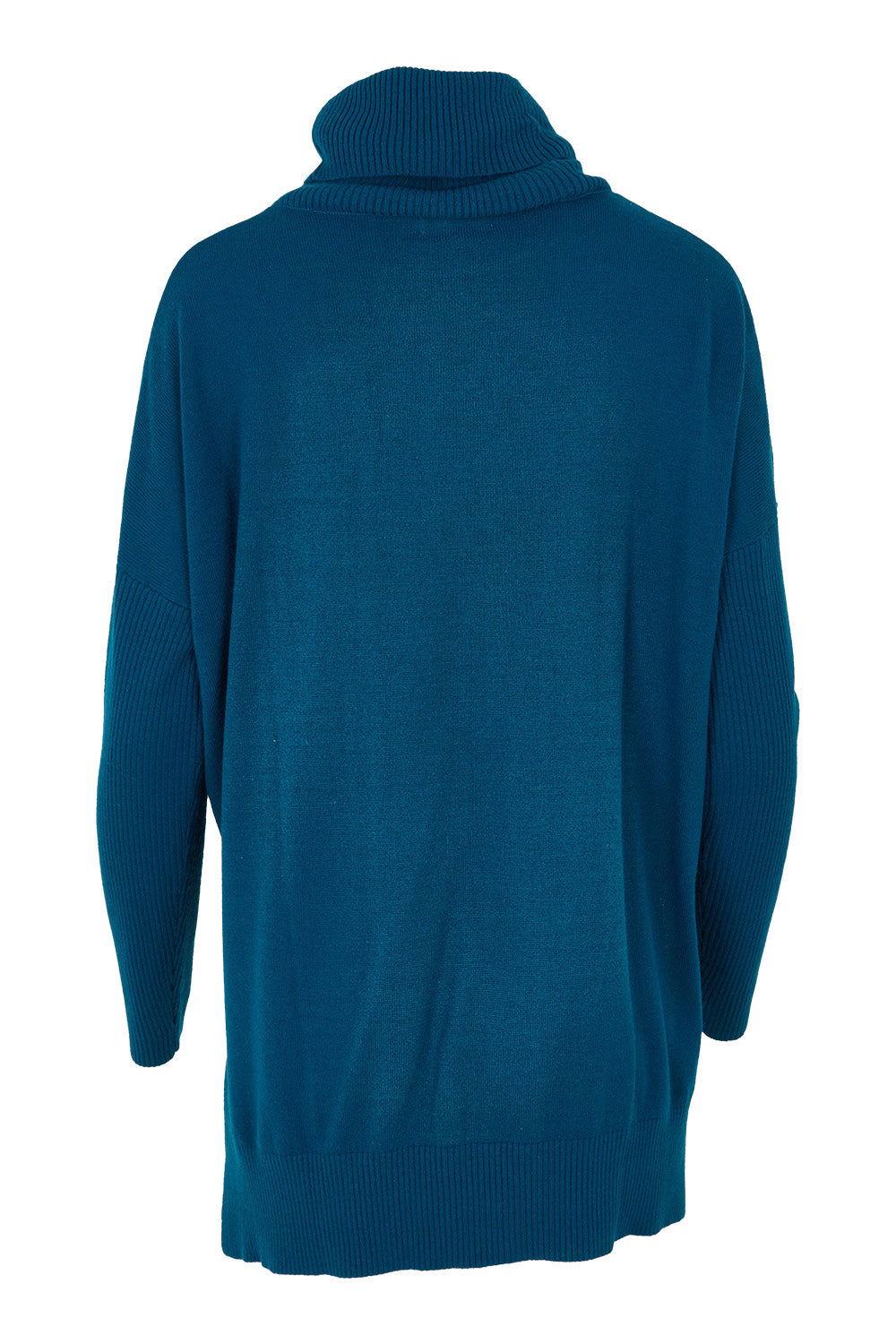Product shot of The Essential Soft High Low Jumper in colour Petrol (Blue), from the back