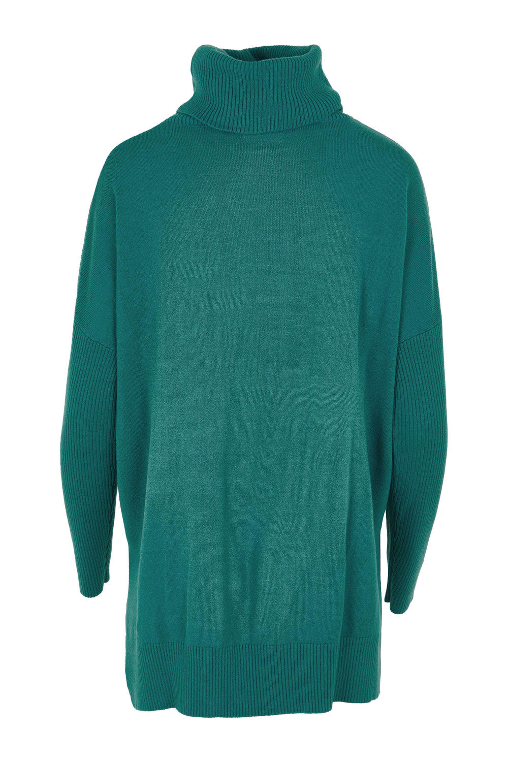 Product shot of The Essential Soft High Low Jumper in colour Seagreen (Green), from the back