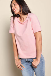 Model Amandam wearing size 10 of the The Keepers Cotton Tee – Softpink in colour Softpink, in a cropped view