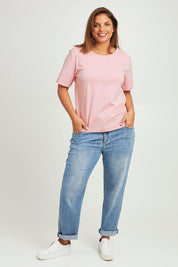 Model Moniquep wearing size 14 of the The Keepers Cotton Tee – Softpink in colour Softpink, from the front