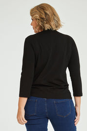Model Fiona wearing size 16 of The Keepers 3/4 Sleeve Tee in colour Black (Black), from the back