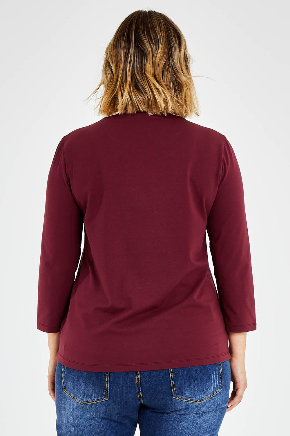 Model Jess wearing size 14 of The Keepers 3/4 Sleeve Tee in colour Burgundy (Purple), from the back