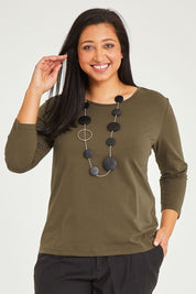 Model Terri-Leigh wearing size 14 of The Keepers 3/4 Sleeve Tee in colour Khaki (Green), from the front, cropped image