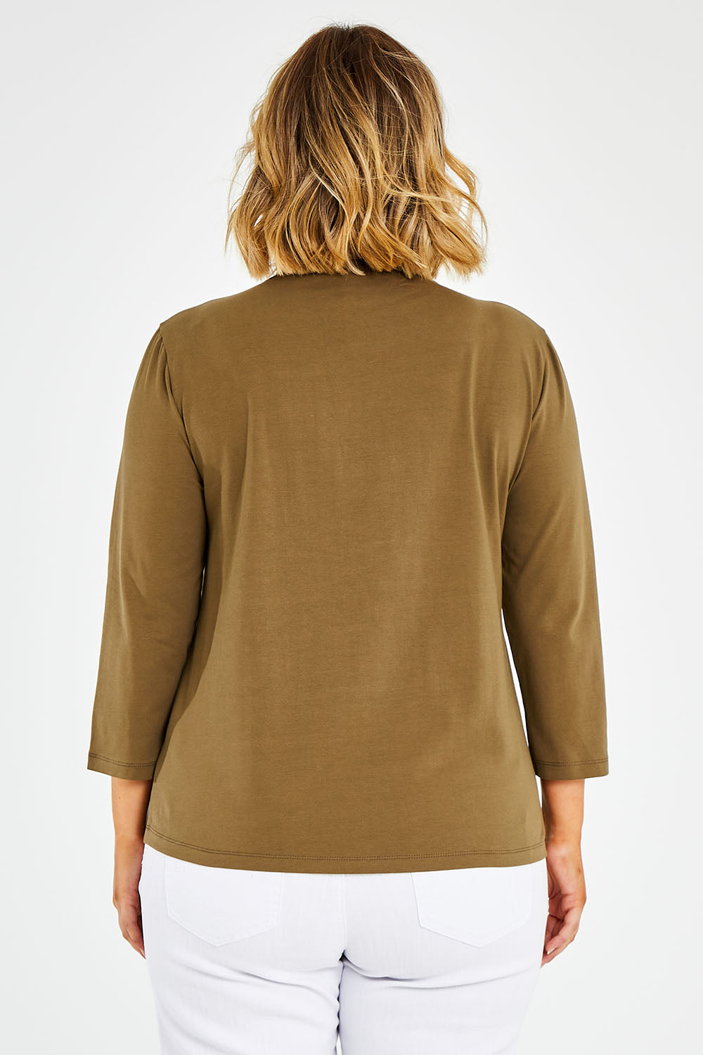 Model Jess wearing size 14 of The Keepers 3/4 Sleeve Tee in colour Olive (Green), from the back