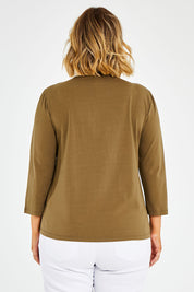 Model Jess wearing size 14 of The Keepers 3/4 Sleeve Tee in colour Olive (Green), from the back