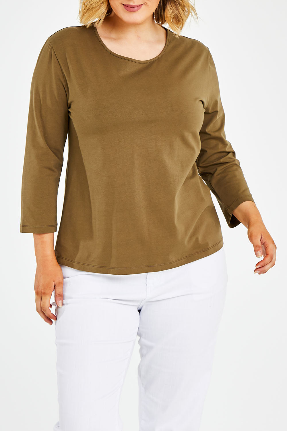 Model Jess wearing size 14 of The Keepers 3/4 Sleeve Tee in colour Olive (Green), from the front, cropped image
